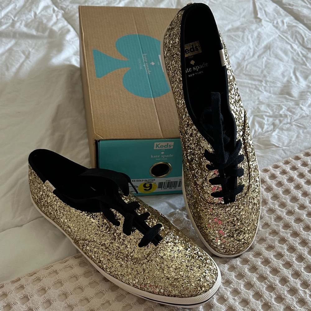 Keds For Kate Spade Gold Glitter Sneakers with Black Laces size 9 New